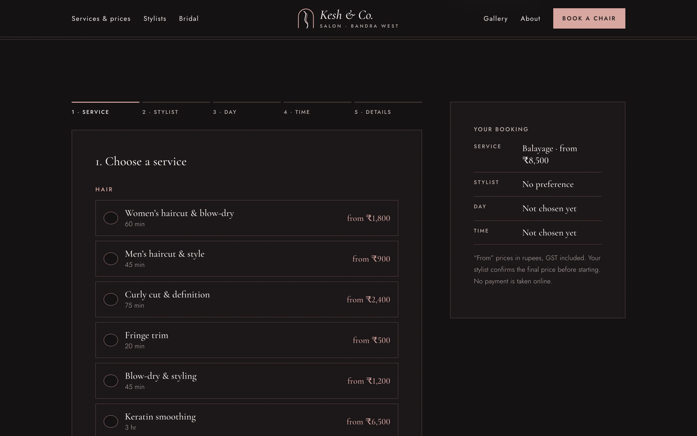 Hair and beauty salons demo — Booking flow