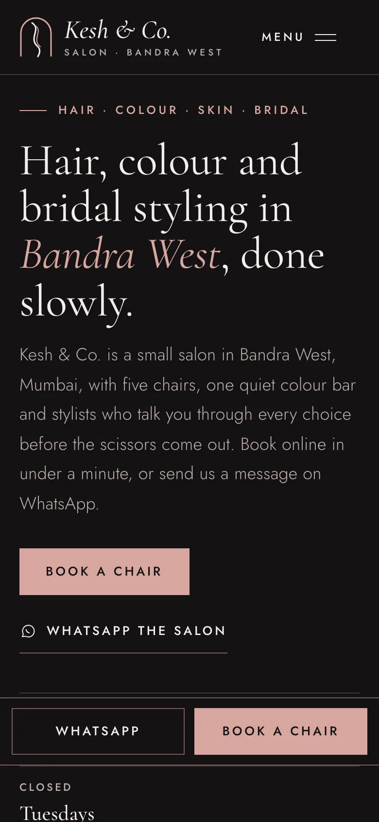 Hair and beauty salons demo website on a phone
