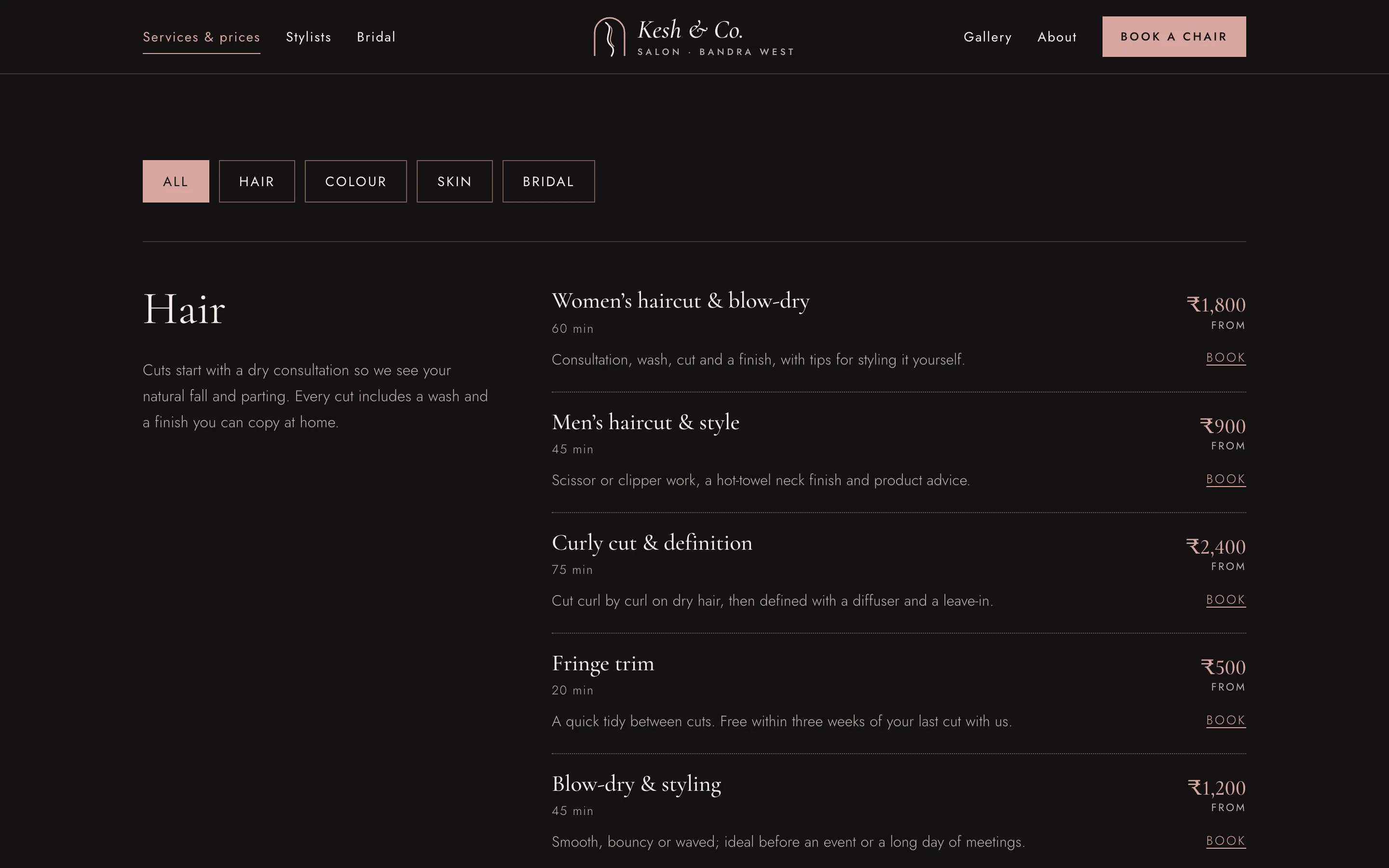 Hair and beauty salons demo — Services and prices