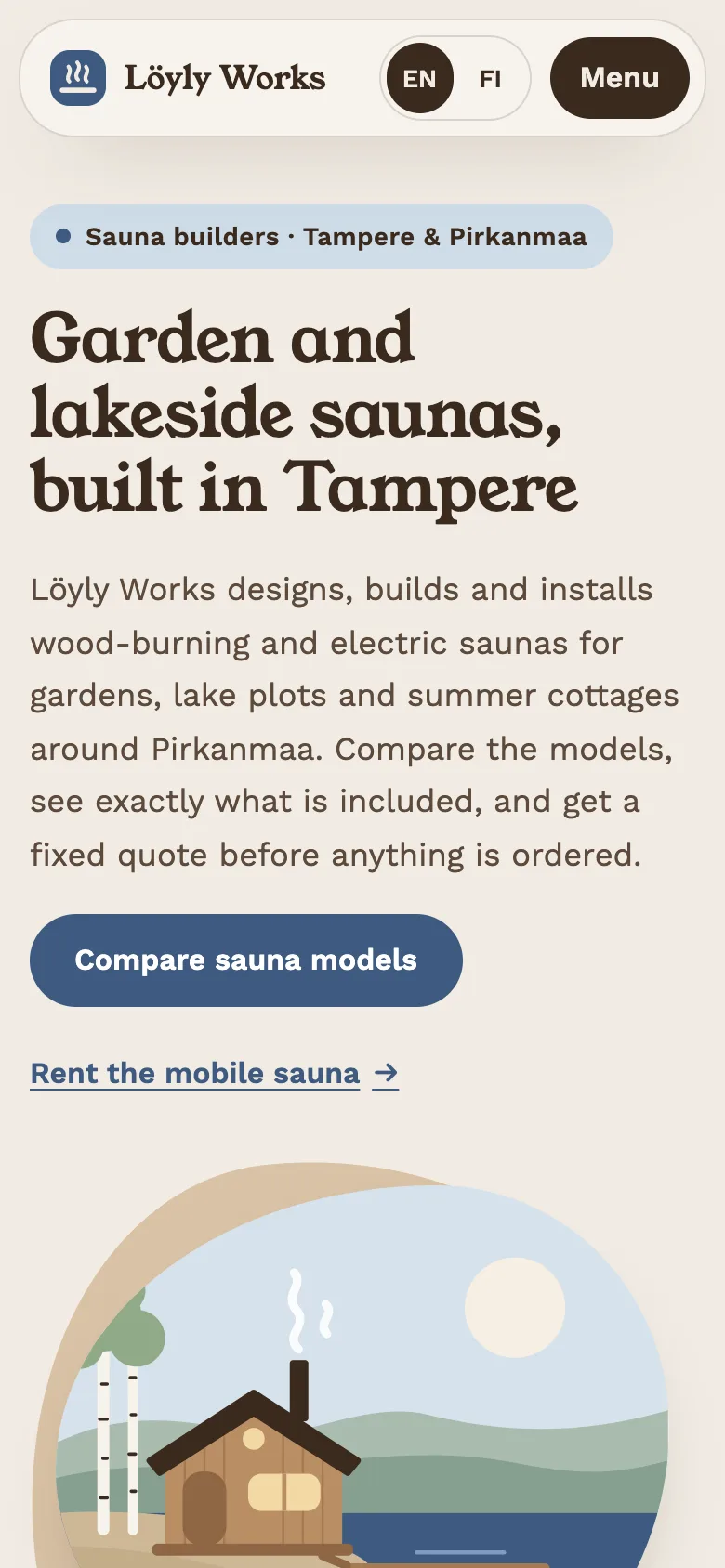 Sauna builders and rental companies demo website on a phone