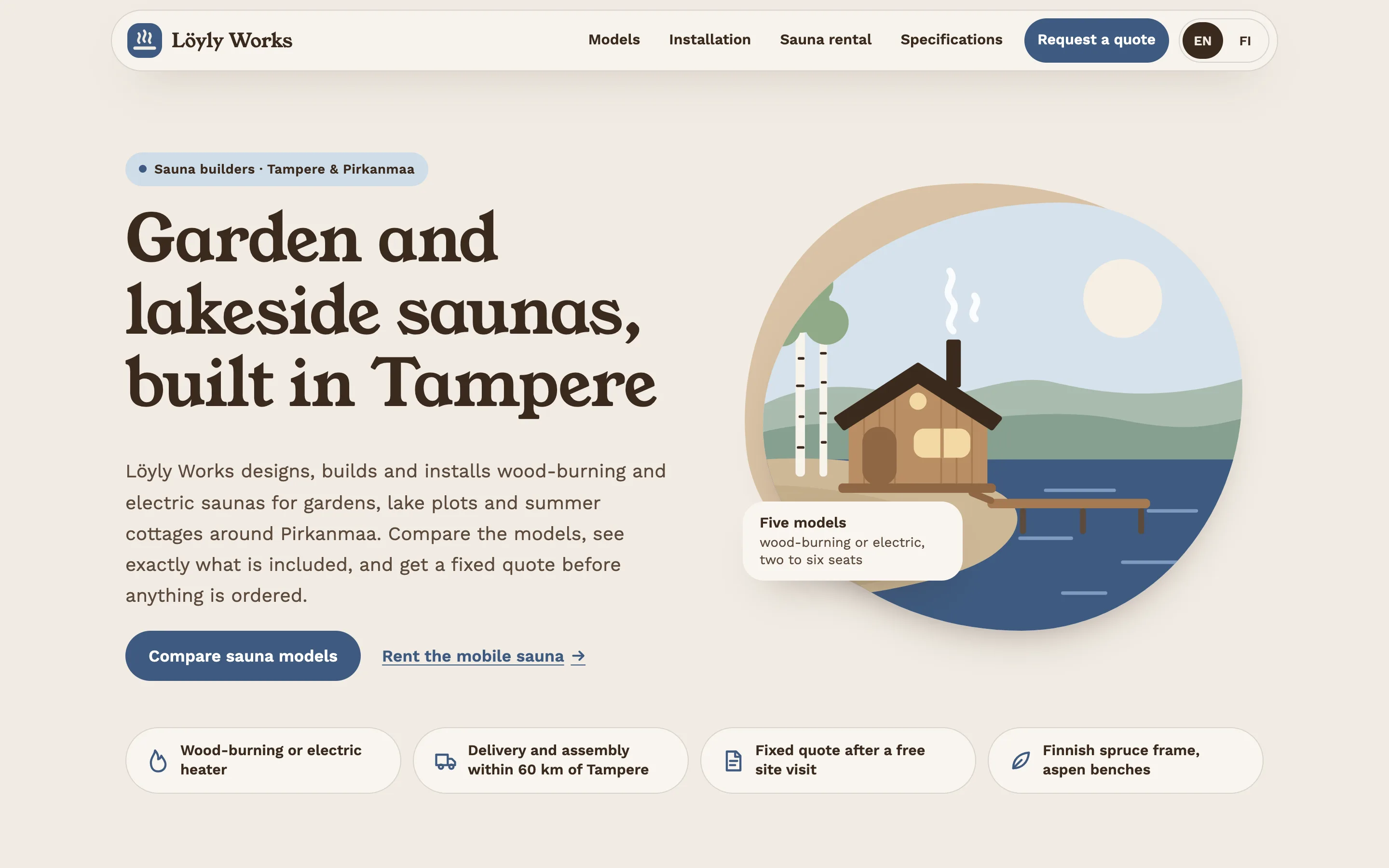 Sauna builders and rental companies demo website on a desktop browser