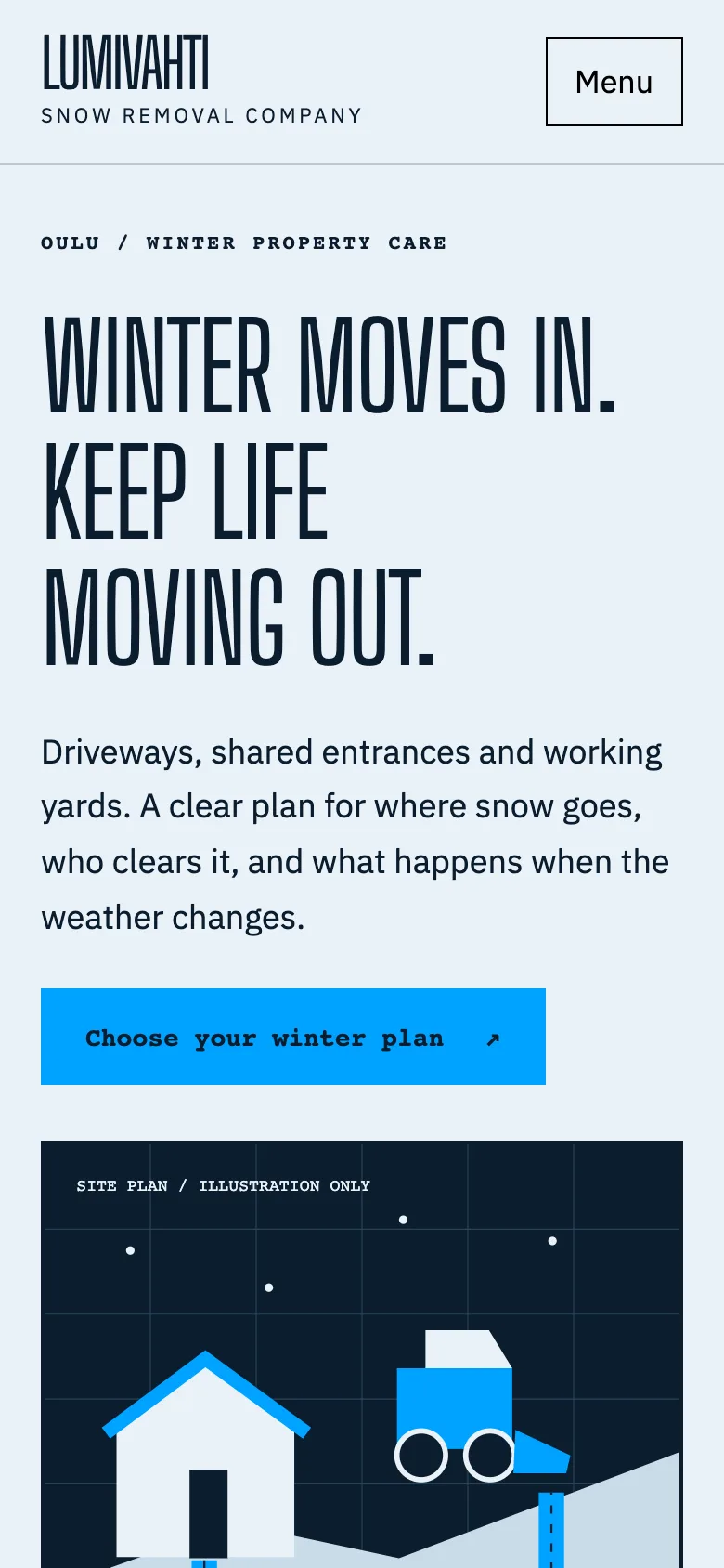 Snow removal company demo website on a phone