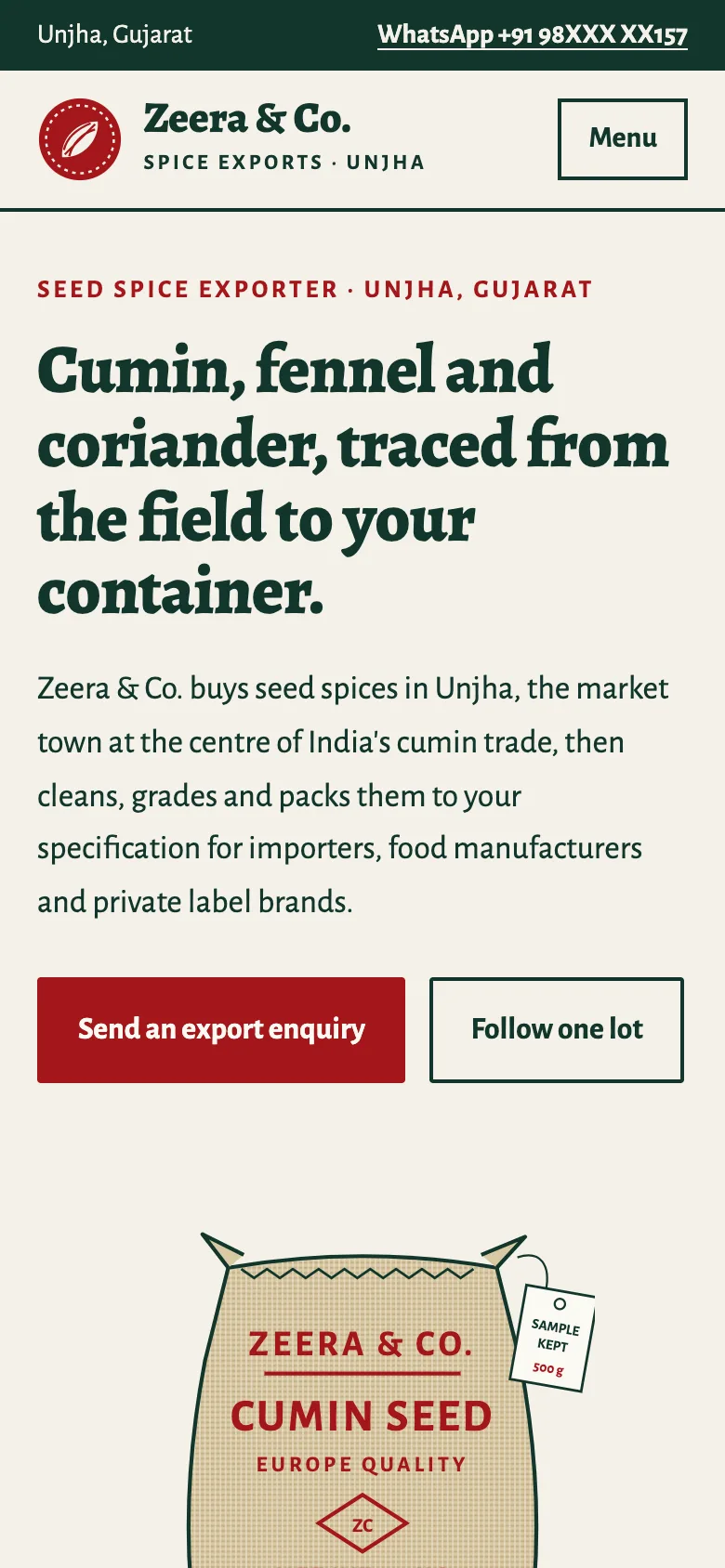 Spice exporters demo website on a phone