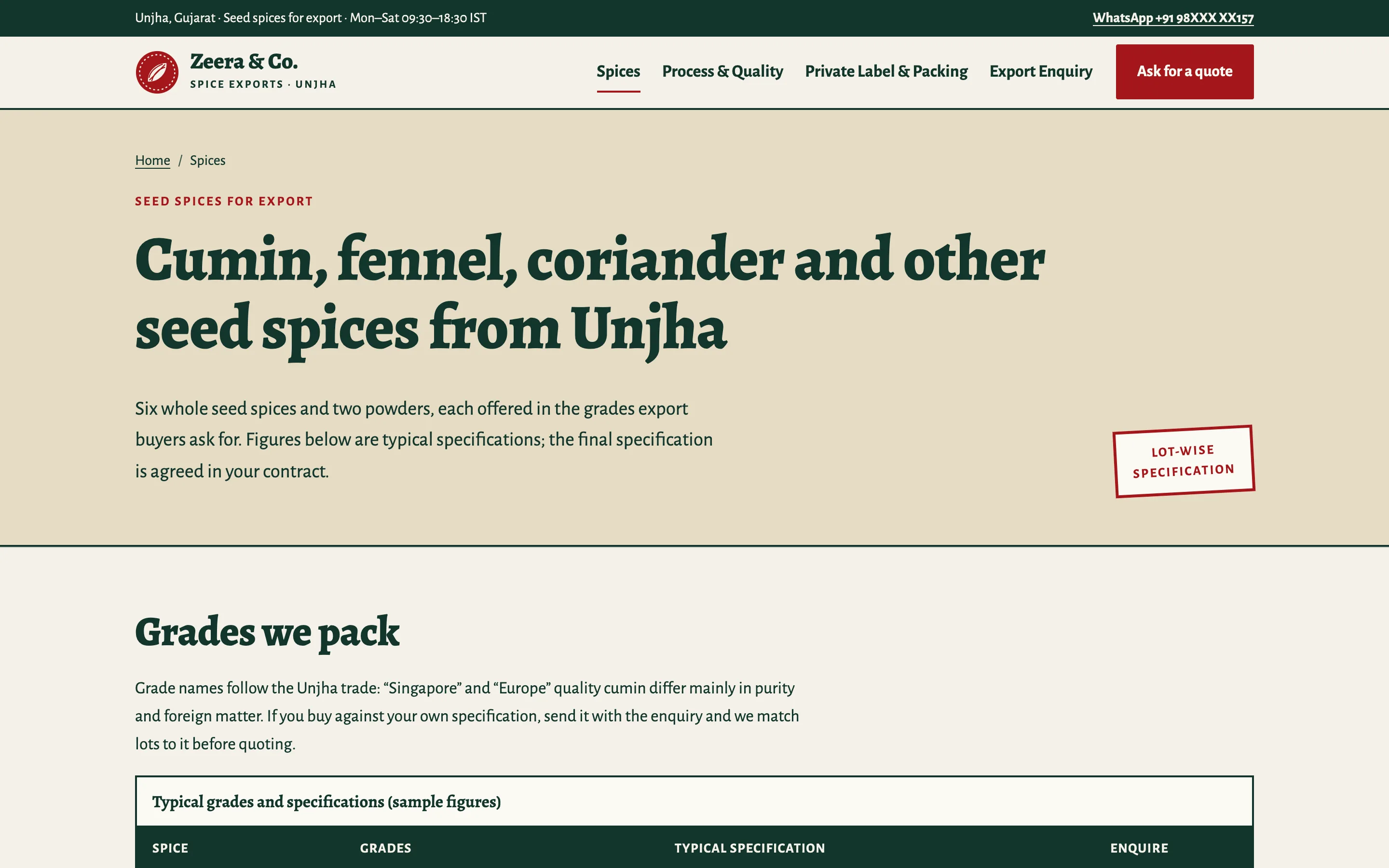Spice exporters demo — Spices and grades