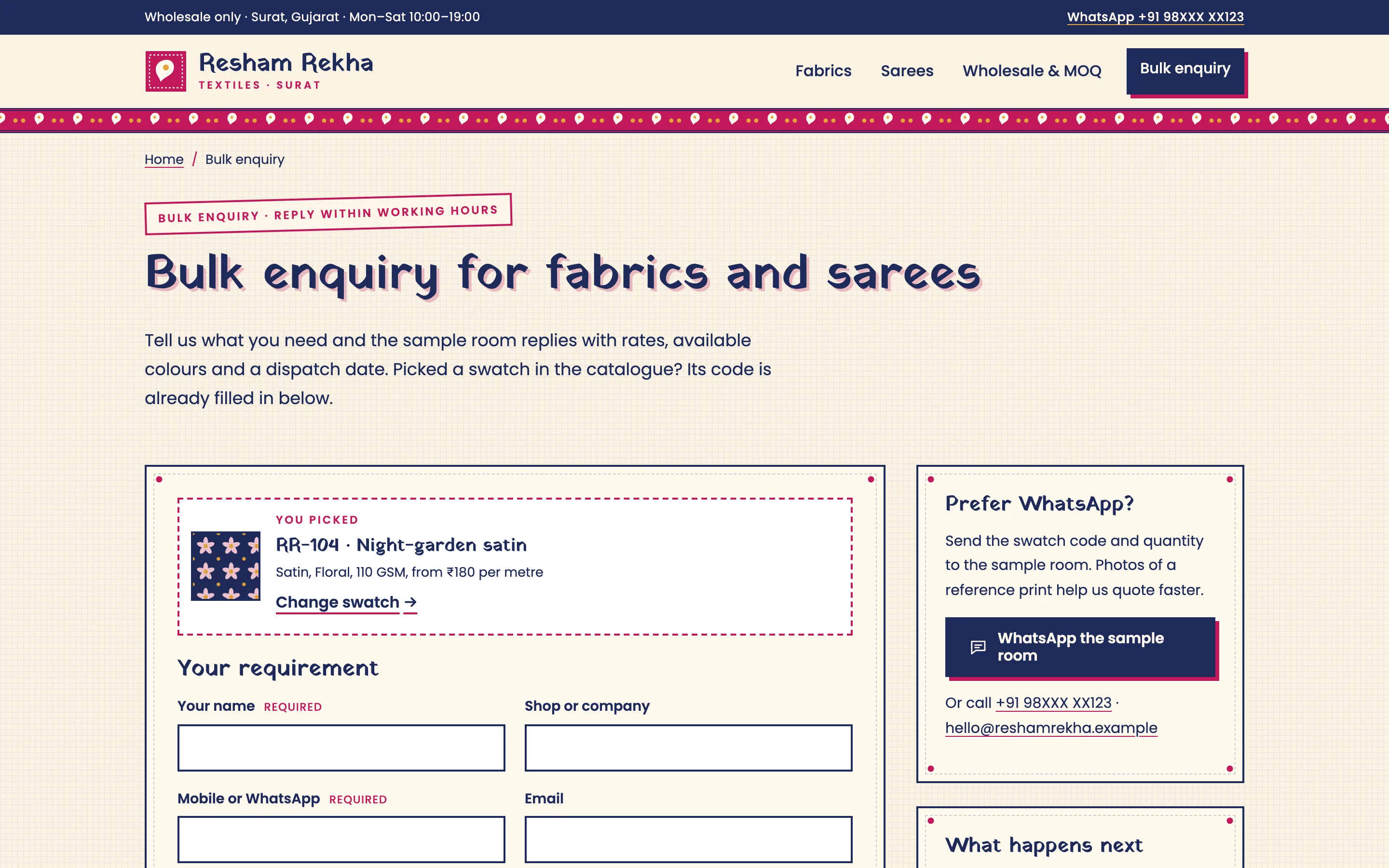 Textile manufacturers demo — Prefilled bulk enquiry