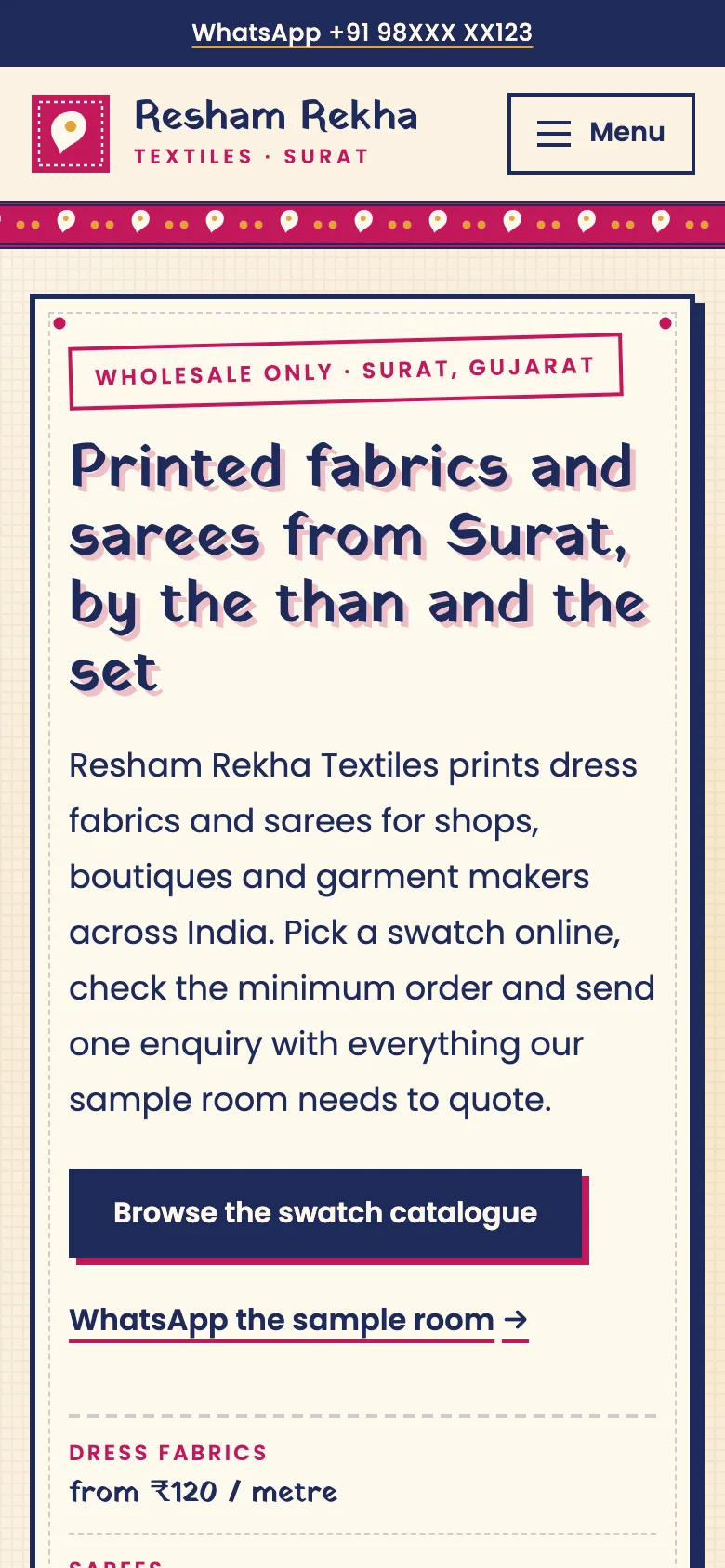 Textile manufacturers demo website on a phone