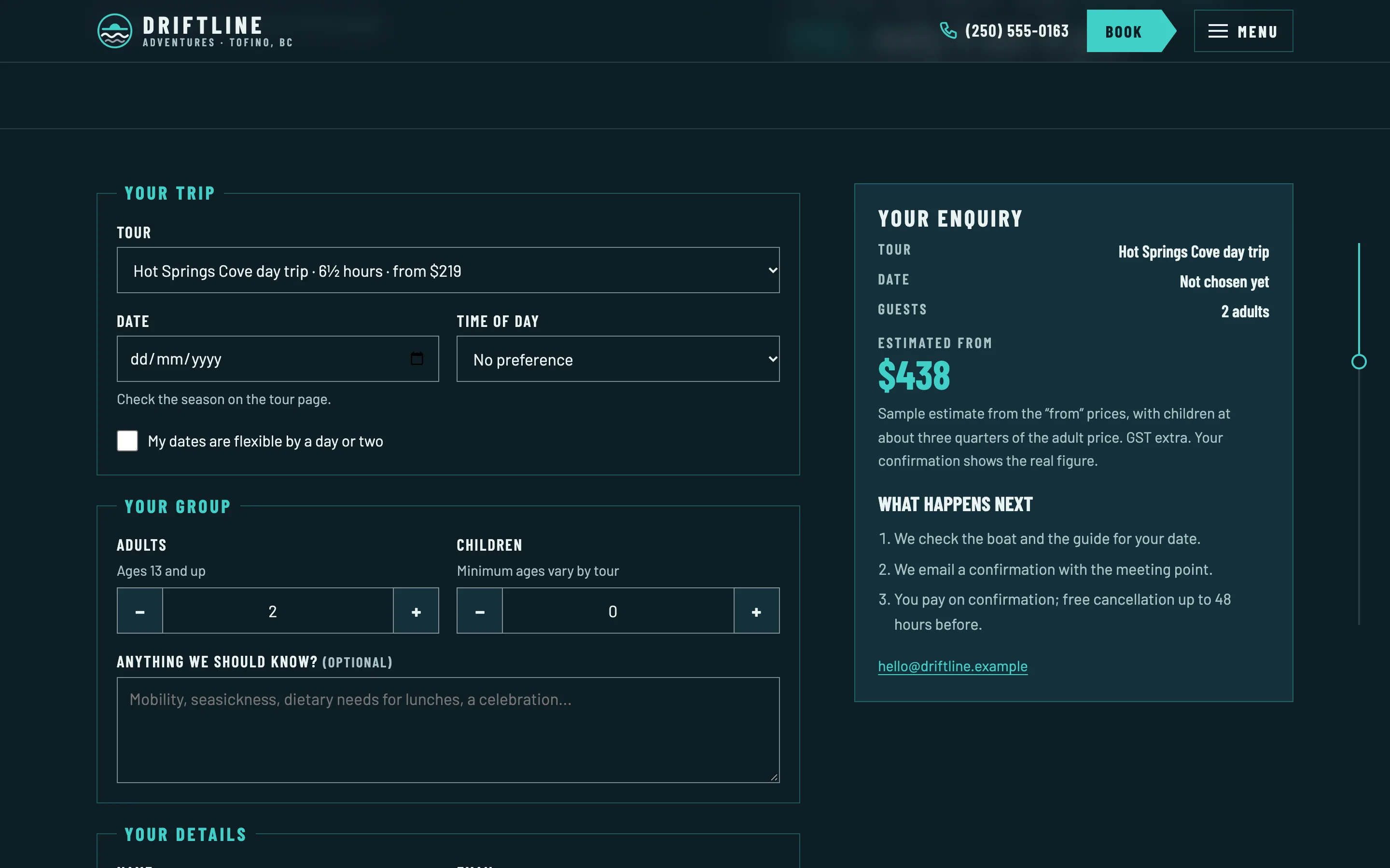 Tour operators demo — Booking enquiry