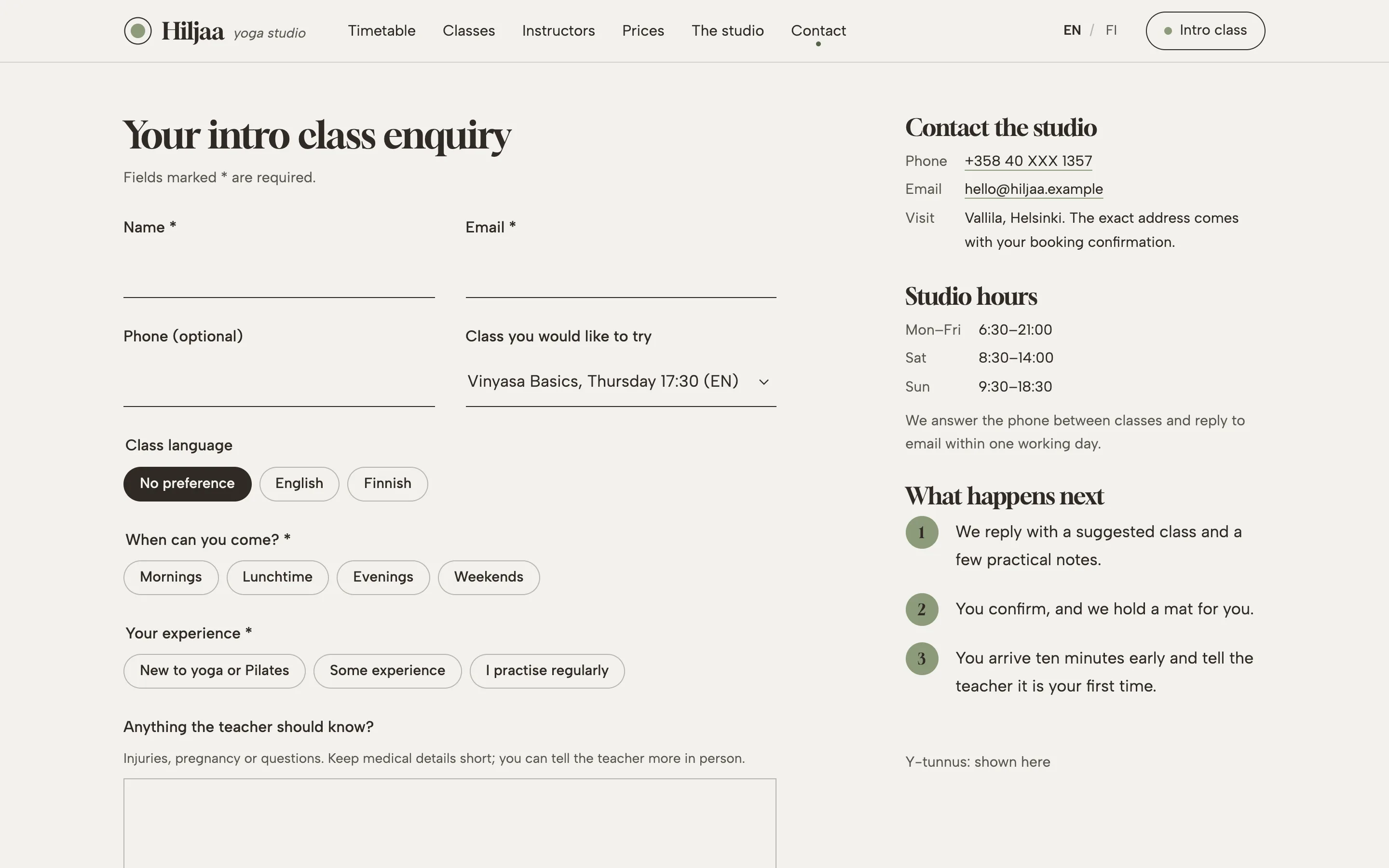 Yoga and Pilates studios demo — Intro-class enquiry