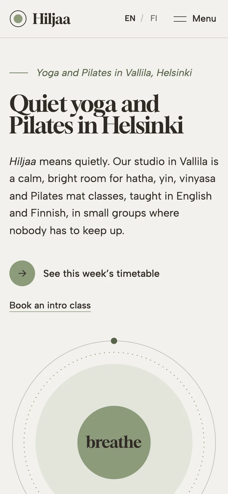 Yoga and Pilates studios demo website on a phone