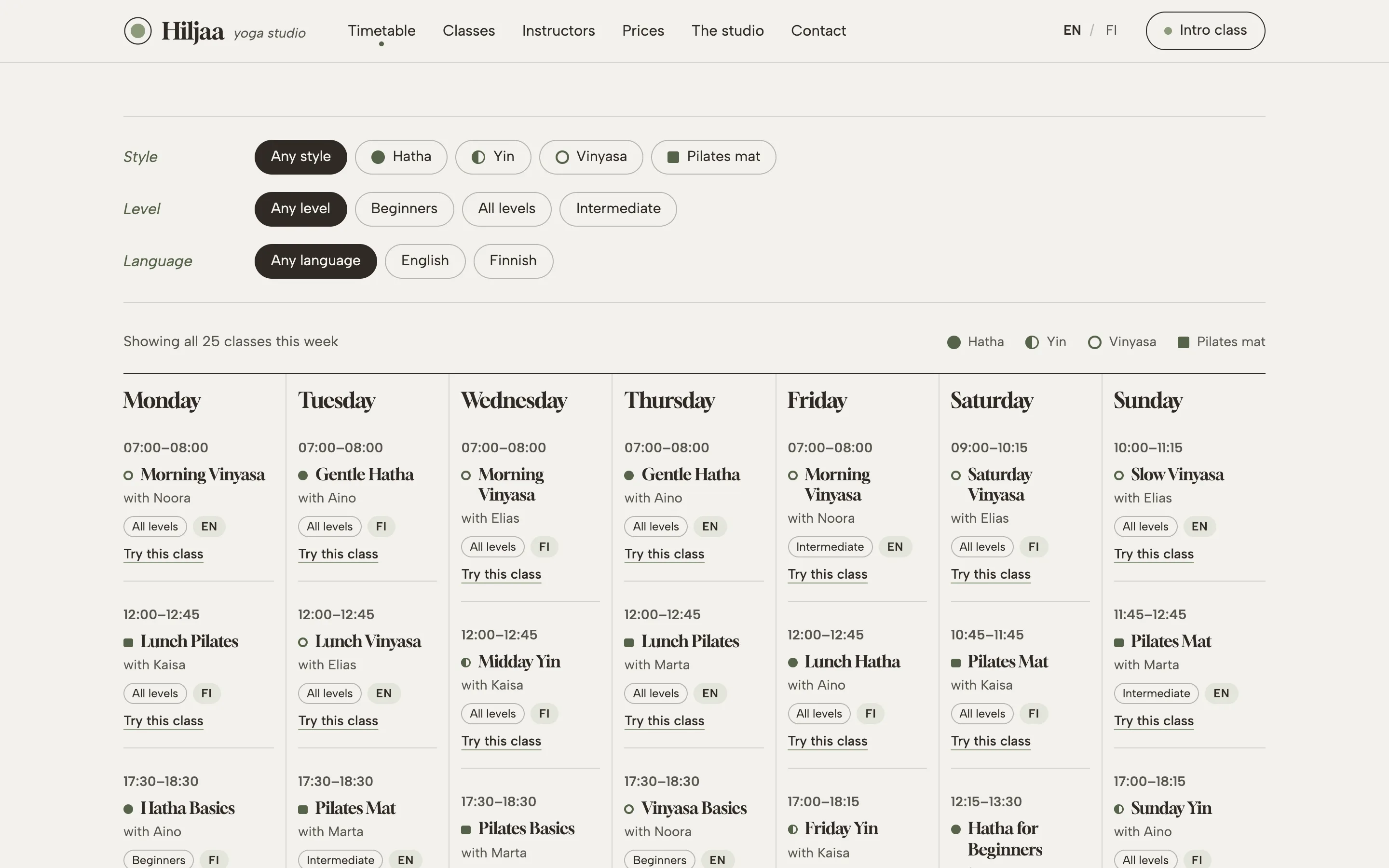 Yoga and Pilates studios demo — Filterable weekly timetable